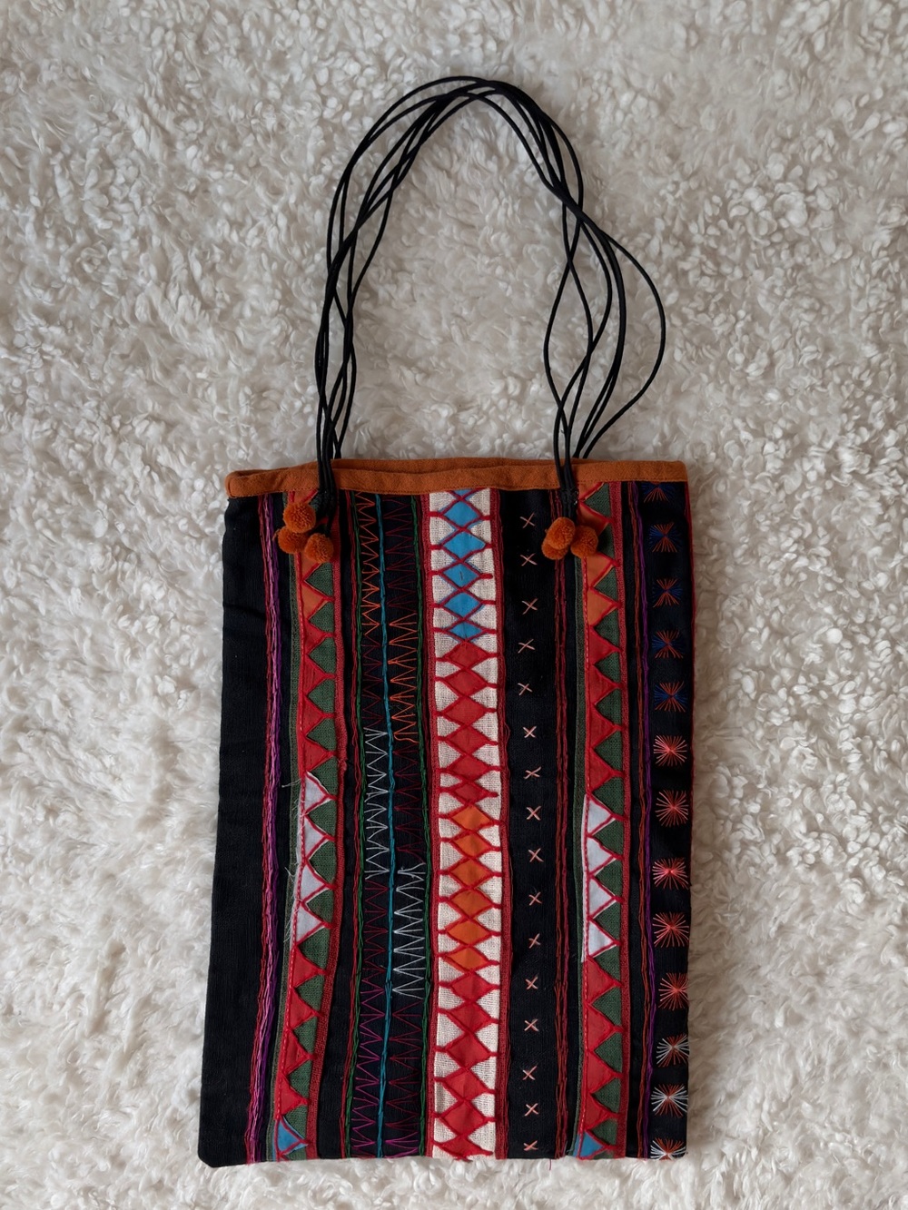 Handcrafted Stitched Multi color Embroidered Black Tote Bag World Travel Eco EUC